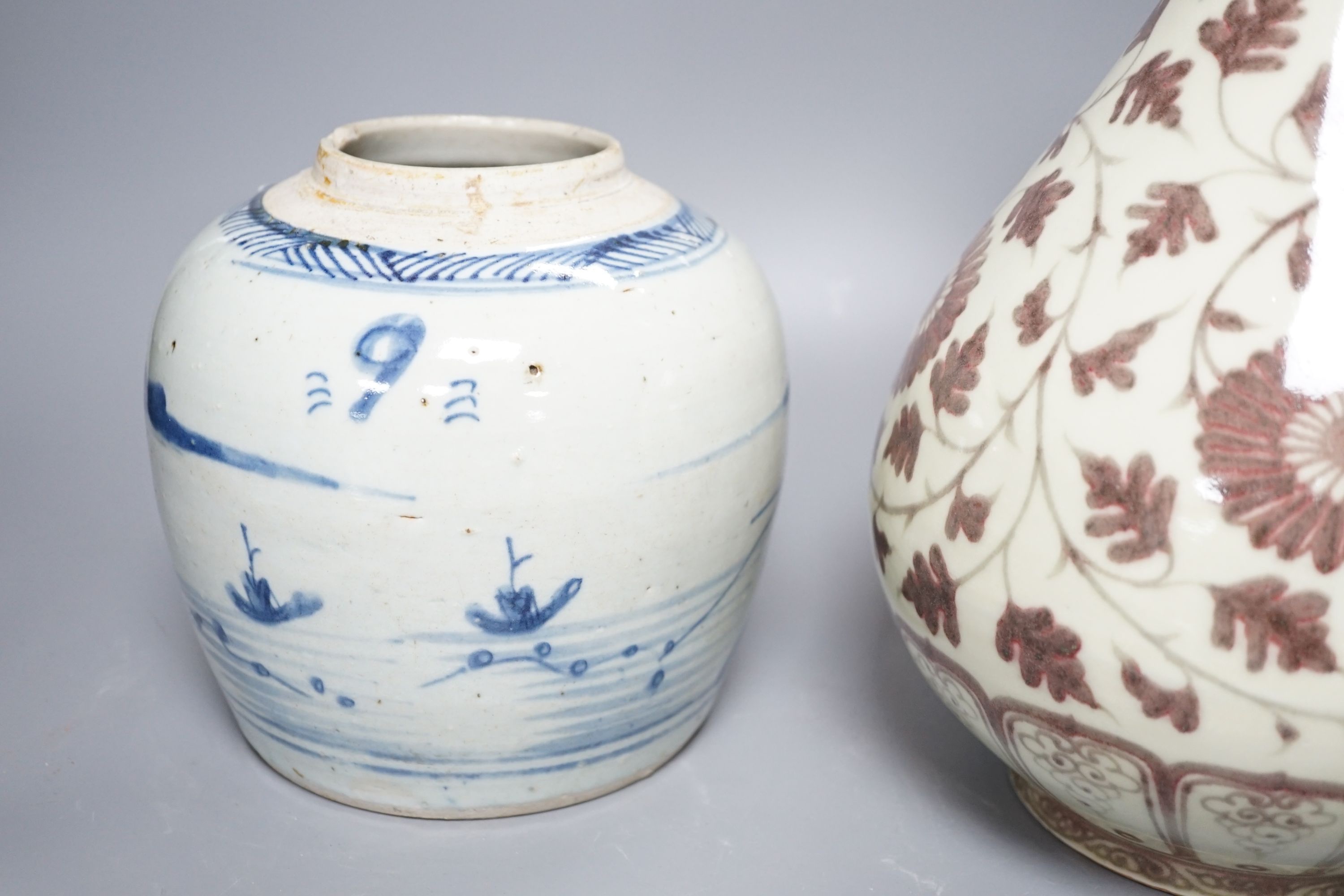 A Chinese red underglaze baluster jar, 32cm, and a 19th century Chinese blue and white ginger jar
